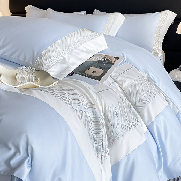 91家纺网 家纺一手货源 找家纺  【A类母婴级】100支长绒棉四件套全棉纯棉重工高端刺绣拼接被套简约床单床笠款床上用品 澜梦-沁水蓝