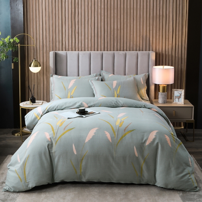 91家纺网 家纺一手货源 找家纺 威布斯 2025新款加厚纯棉全棉磨毛三件套四件套 叶脉私语-灰