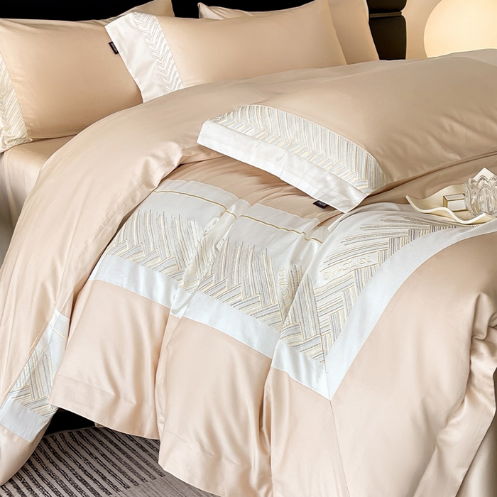 91家纺网 家纺一手货源 找家纺  【A类母婴级】100支长绒棉四件套全棉纯棉重工高端刺绣拼接被套简约床单床笠款床上用品 澜梦-白桃