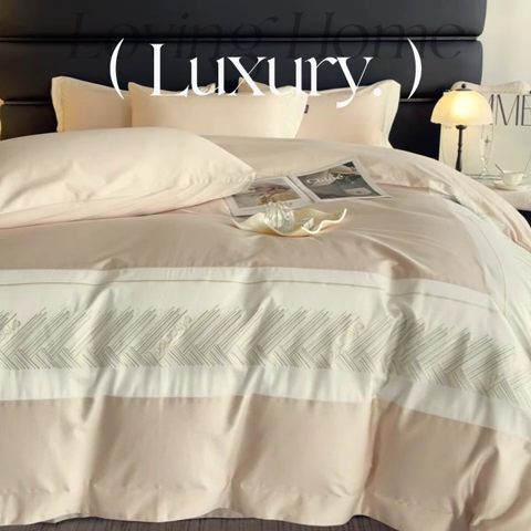 91家纺网 家纺一手货源 找家纺  【A类母婴级】100支长绒棉四件套全棉纯棉重工高端刺绣拼接被套简约床单床笠款床上用品 澜梦-白桃