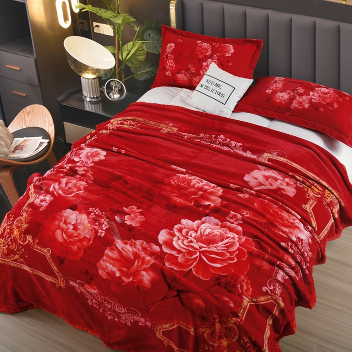 91家纺网 家纺一手货源 找家纺 好艺佳毛毯 2025新款升级多功能3D数码印花毛毯 被套两用拉舍尔云毯 良辰美景-大红