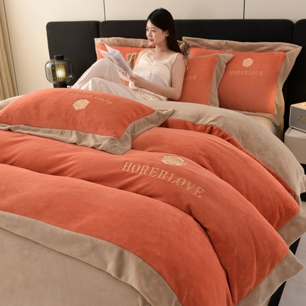 湘雪家居  2025新款高克重纯色刺绣宽边款牛奶绒四件套 花韵-橘色