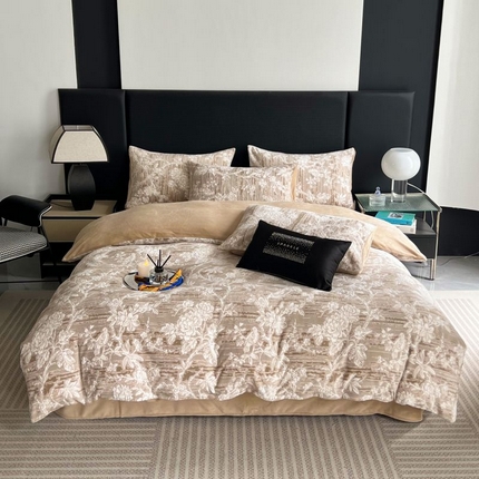 HL原创 2024新款轻奢风雕花牛奶绒四件套 鸟语花香-咖