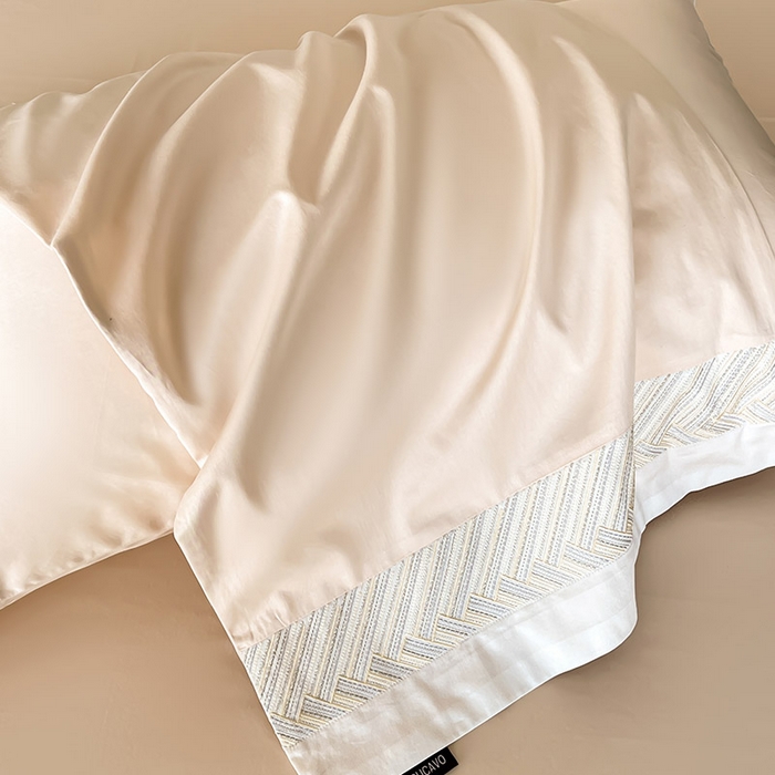 91家纺网 家纺一手货源 找家纺  【A类母婴级】100支长绒棉四件套全棉纯棉重工高端刺绣拼接被套简约床单床笠款床上用品 澜梦-白桃