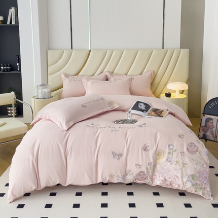 91家纺网 家纺一手货源 找家纺 梧桐家居 2024新款玫瑰花系列四件套 玫瑰-浅粉