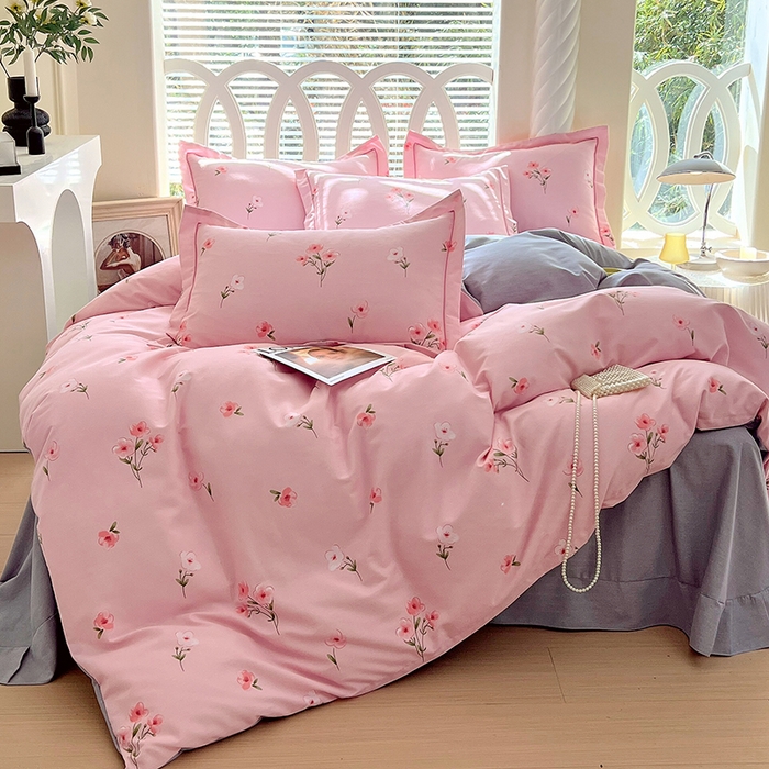 91家纺网 家纺一手货源 找家纺 威布斯 2025新款加厚纯棉全棉磨毛三件套四件套 风铃花香-粉