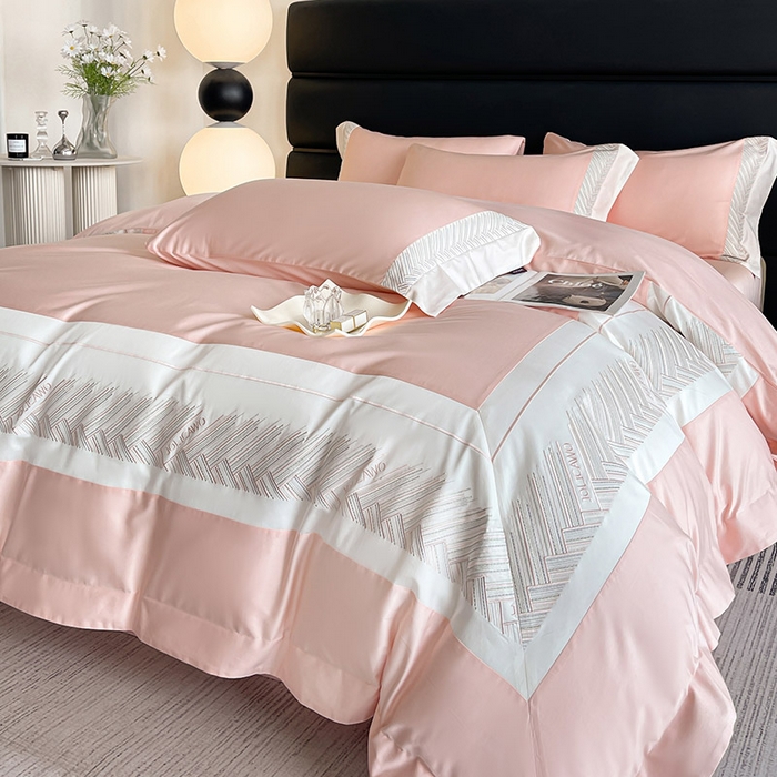 91家纺网 家纺一手货源 找家纺  【A类母婴级】100支长绒棉四件套全棉纯棉重工高端刺绣拼接被套简约床单床笠款床上用品 澜梦-落樱粉