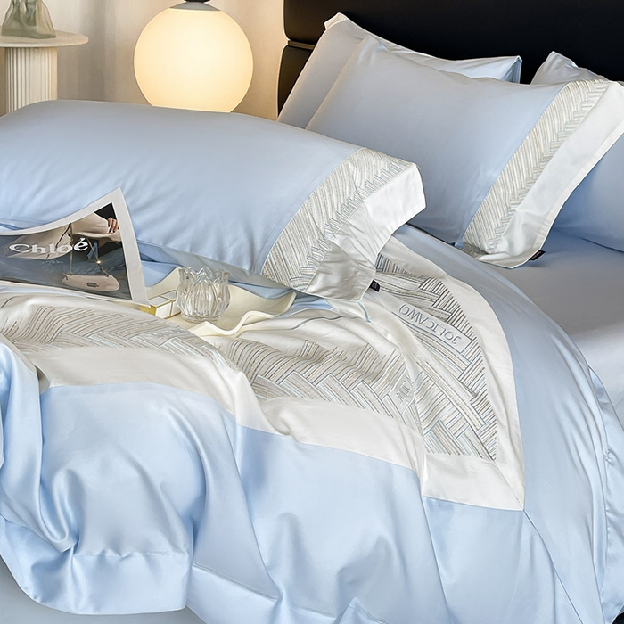 91家纺网 家纺一手货源 找家纺  【A类母婴级】100支长绒棉四件套全棉纯棉重工高端刺绣拼接被套简约床单床笠款床上用品 澜梦-沁水蓝