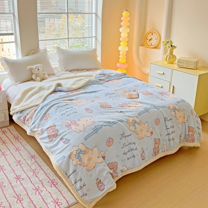 91家纺网 家纺一手货源 找家纺 鑫喜莱家纺 2024新款牛奶绒羊羔绒盖毯毛毯毯子午睡毯 蝴蝶结小猫