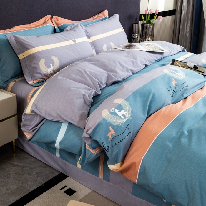 91家纺网 家纺一手货源 找家纺 威布斯 2025新款加厚纯棉全棉磨毛三件套四件套 鹿野仙踪-蓝