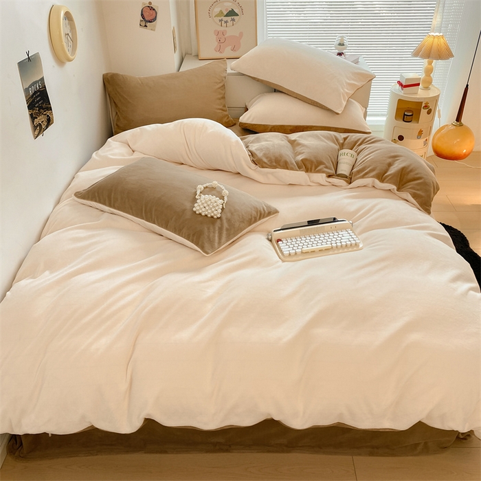 91家纺网 家纺一手货源 找家纺 857家居 2024新款A类牛奶绒纯色双拼四件套 巧克力奶昔