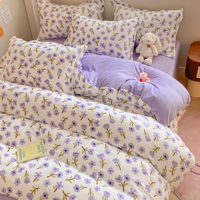 91家纺网 家纺一手货源 找家纺 梦之岛 2024新款高克重小清新印花牛奶绒保暖四件套 花恋