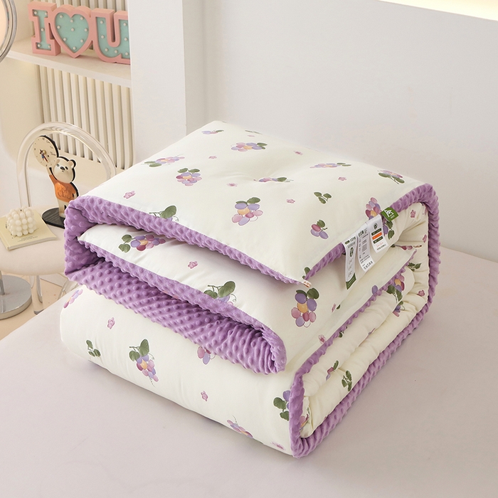 91家纺网 家纺一手货源 找家纺 爱宝被业 2025新款水洗棉双层纱豆豆绒被 多彩萄萄