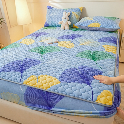 卡伦家纺 2025新款A类牛奶绒大豆纤维抗菌夹棉床笠 金叶飘香