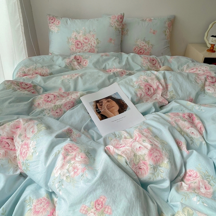 91家纺网 家纺一手货源 找家纺 2024新款学生季克超软印花水洗棉四件套 粉粉蔷薇