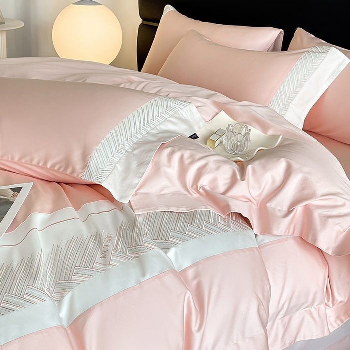 91家纺网 家纺一手货源 找家纺  【A类母婴级】100支长绒棉四件套全棉纯棉重工高端刺绣拼接被套简约床单床笠款床上用品 澜梦-落樱粉