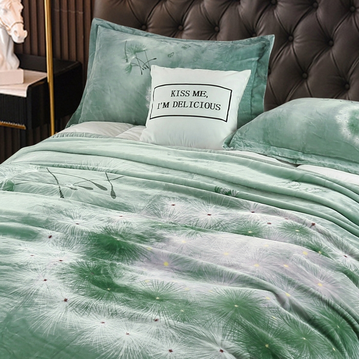 91家纺网 家纺一手货源 找家纺 好艺佳毛毯 2025新款升级多功能3D数码印花毛毯 被套两用拉舍尔云毯 蒲公英的约定-绿