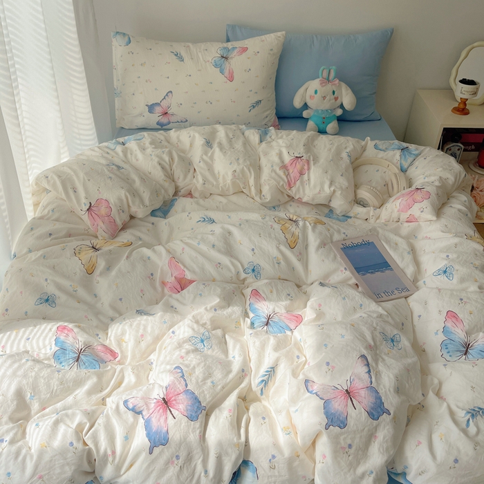 91家纺网 家纺一手货源 找家纺 2024新款学生季克超软印花水洗棉四件套 琉璃蝴