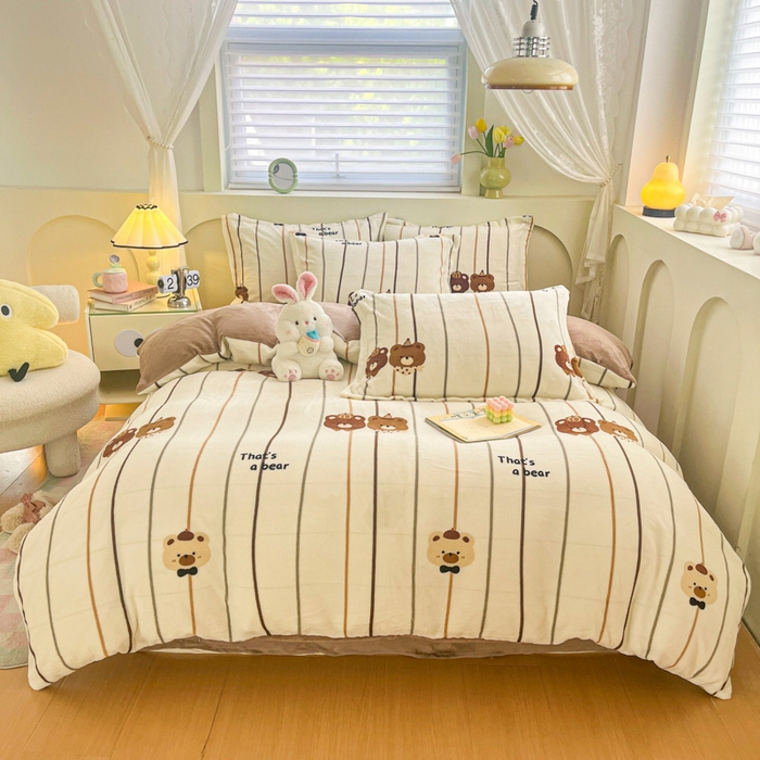 91家纺网 家纺一手货源 找家纺 梦之岛 2024新款高克重小清新印花牛奶绒保暖四件套 萌趣熊