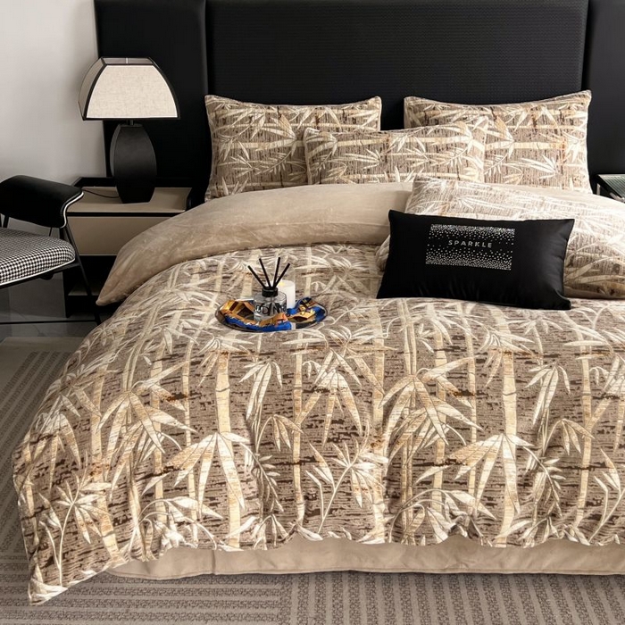 91家纺网 家纺一手货源 找家纺 HL原创 2024新款轻奢风雕花牛奶绒四件套 国风竹叶