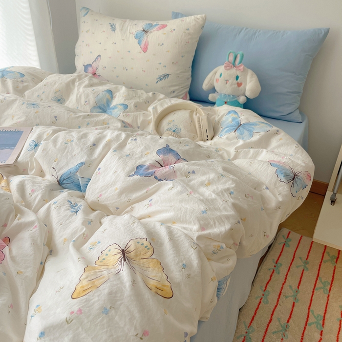 91家纺网 家纺一手货源 找家纺 2024新款学生季克超软印花水洗棉四件套 琉璃蝴