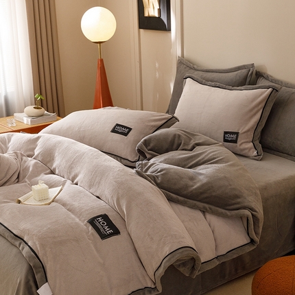 蜜柚 2024新款纯色简约双拼高克重牛奶绒包边四件套 银灰+高级灰
