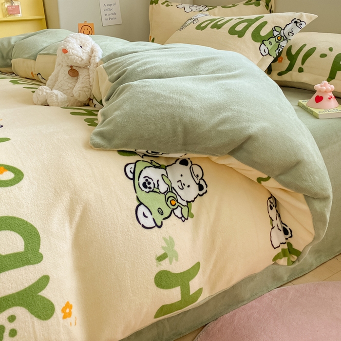 91家纺网 家纺一手货源 找家纺 梦之岛 2024新款高克重小清新印花牛奶绒保暖四件套 开心熊