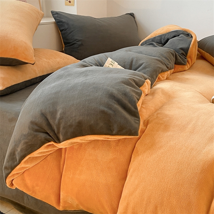 91家纺网 家纺一手货源 找家纺 857家居 2024新款A类牛奶绒纯色双拼四件套 火山橙