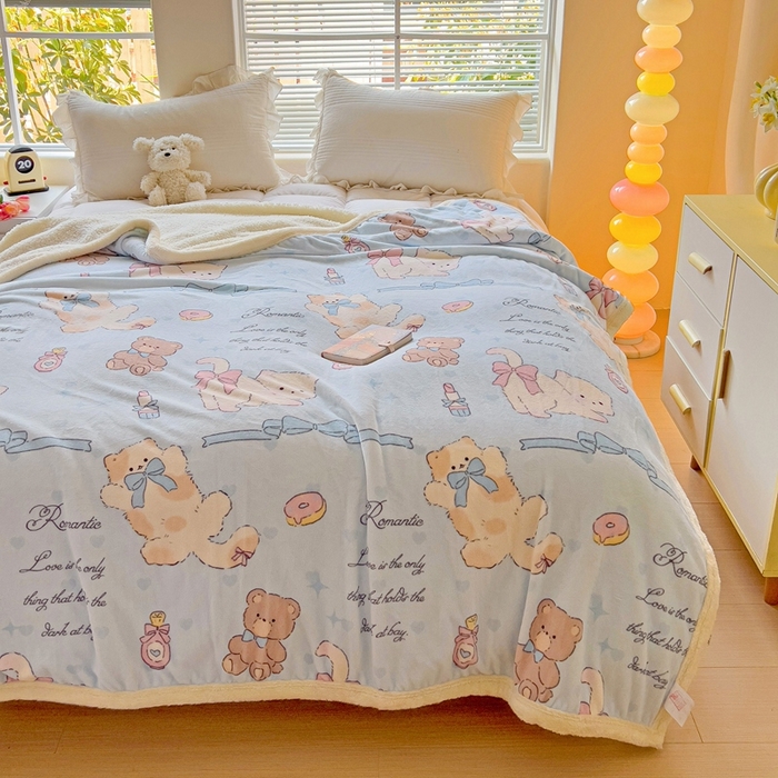 91家纺网 家纺一手货源 找家纺 鑫喜莱家纺 2024新款牛奶绒羊羔绒盖毯毛毯毯子午睡毯 蝴蝶结小猫