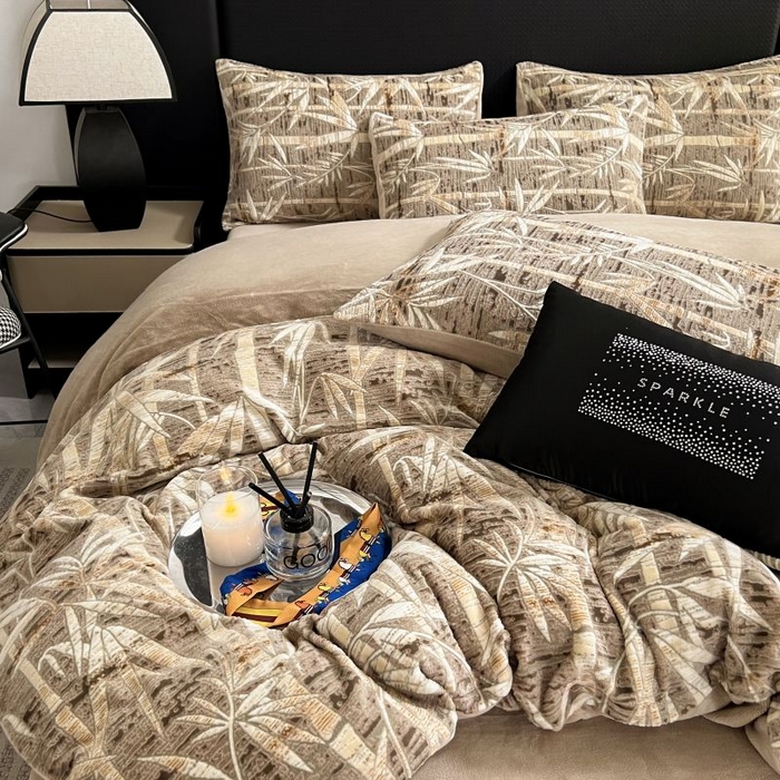 91家纺网 家纺一手货源 找家纺 HL原创 2024新款轻奢风雕花牛奶绒四件套 国风竹叶