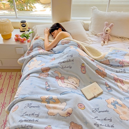 鑫喜莱家纺 2024新款牛奶绒羊羔绒盖毯毛毯毯子午睡毯 蝴蝶结小猫