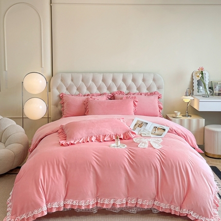 91家纺网 家纺一手货源 找家纺 （总）艺玲家纺 2024新款韩版公主风牛奶绒蝴蝶结蕾丝花边四件套