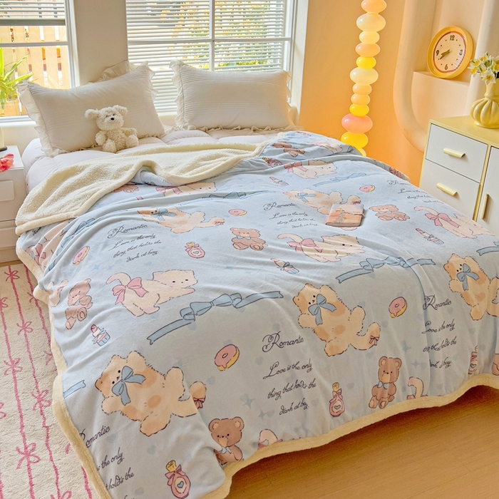 91家纺网 家纺一手货源 找家纺 鑫喜莱家纺 2024新款牛奶绒羊羔绒盖毯毛毯毯子午睡毯 蝴蝶结小猫