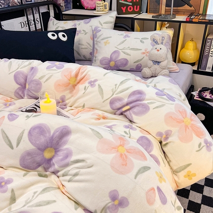 HL原创 2024新款黑色场景印花牛奶绒四件套 花满庭