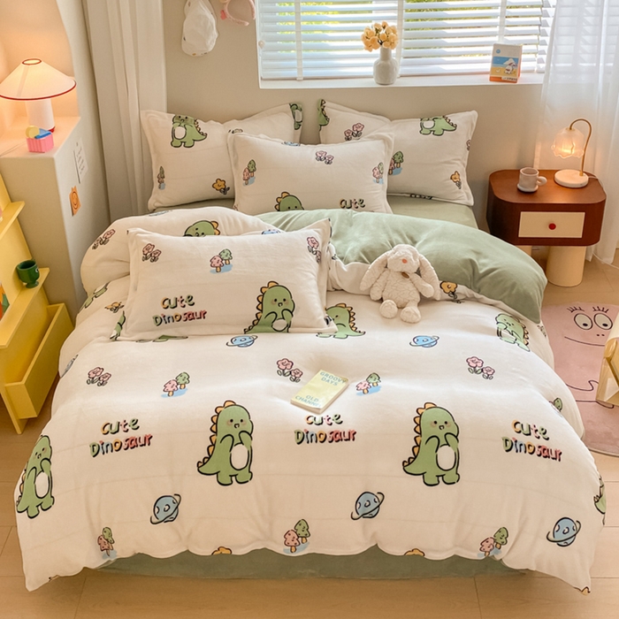 91家纺网 家纺一手货源 找家纺 梦之岛 2024新款高克重小清新印花牛奶绒保暖四件套 小恐龙