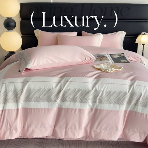 91家纺网 家纺一手货源 找家纺  【A类母婴级】100支长绒棉四件套全棉纯棉重工高端刺绣拼接被套简约床单床笠款床上用品 澜梦-落樱粉