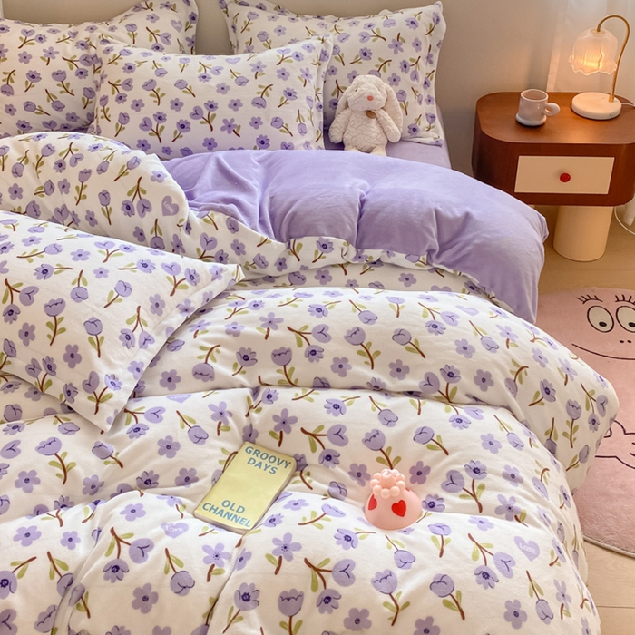 91家纺网 家纺一手货源 找家纺 梦之岛 2024新款高克重小清新印花牛奶绒保暖四件套 花恋