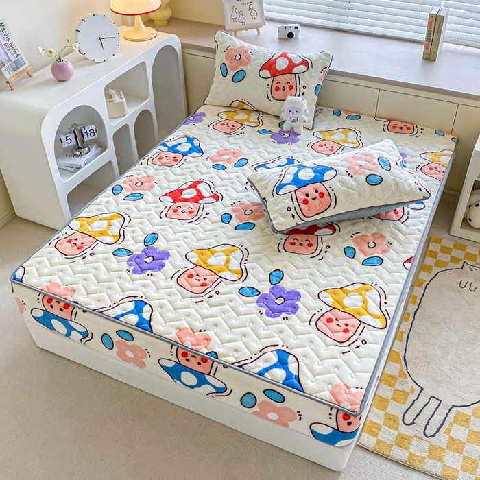 91家纺网 家纺一手货源 找家纺 卡伦家纺 2025新款A类牛奶绒大豆纤维抗菌夹棉床笠 花间蘑力