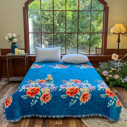 91家纺网 家纺一手货源 找家纺 有品 2025年牛奶绒花边5D跑量款夹棉床盖 富贵花开