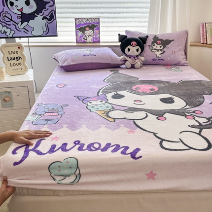 91家纺网 家纺一手货源 找家纺 孩子王 2024新款三丽鸥卡通床笠单件床罩冬季加厚牛奶绒床垫保护罩全包床单套 甜筒库洛米