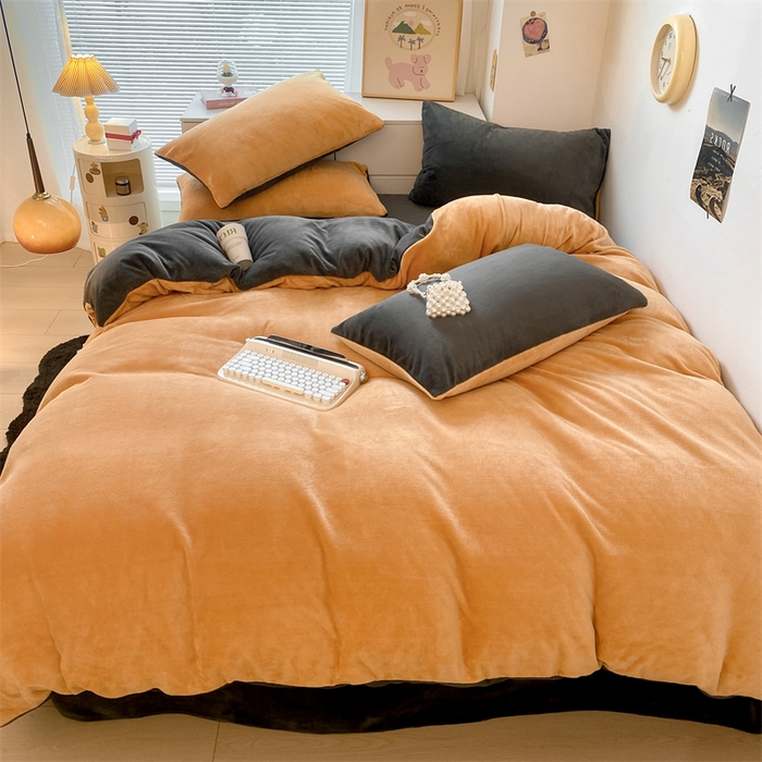 91家纺网 家纺一手货源 找家纺 857家居 2024新款A类牛奶绒纯色双拼四件套 火山橙
