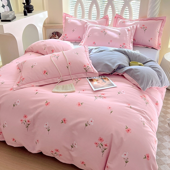 91家纺网 家纺一手货源 找家纺 威布斯 2025新款加厚纯棉全棉磨毛三件套四件套 风铃花香-粉