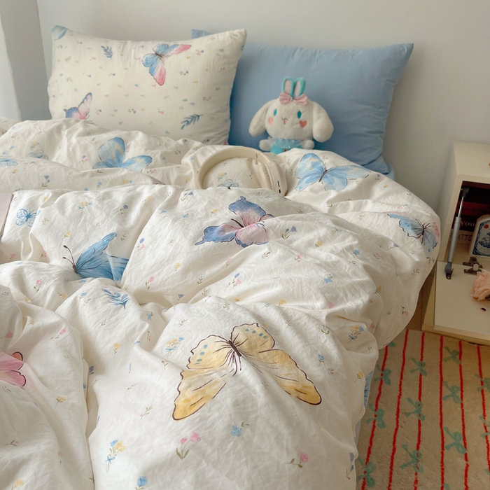 91家纺网 家纺一手货源 找家纺 2024新款学生季克超软印花水洗棉四件套 琉璃蝴