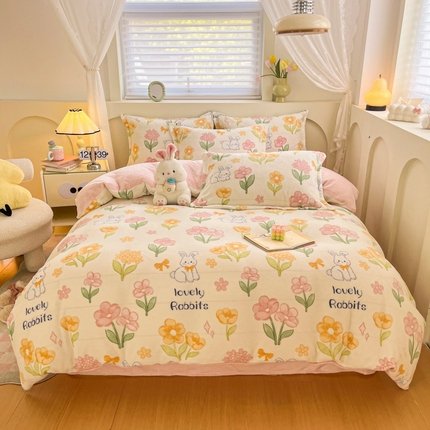 梦之岛 2024新款高克重小清新印花牛奶绒保暖四件套 田园兔兔