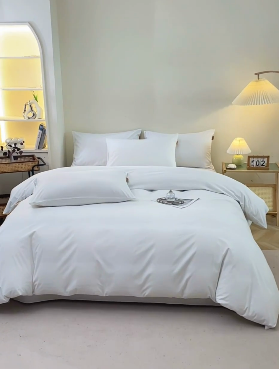 91家纺网 家纺一手货源 找家纺 晶缦家纺 2024新款全棉13376纯色喷气全棉磨毛四件套 暖芸馨-本白色