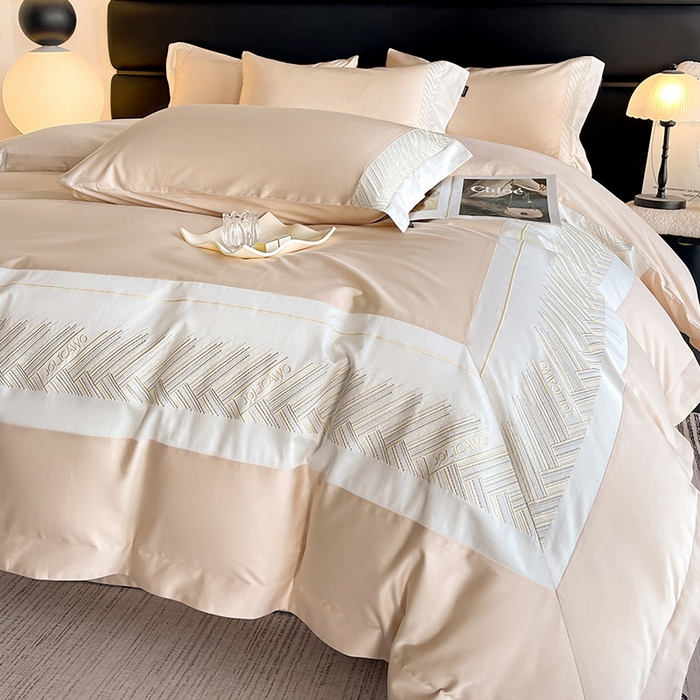 91家纺网 家纺一手货源 找家纺  【A类母婴级】100支长绒棉四件套全棉纯棉重工高端刺绣拼接被套简约床单床笠款床上用品 澜梦-白桃