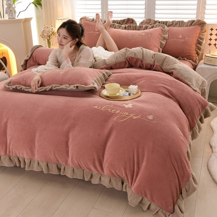 湘雪 2025新款高克重纯色刺绣绣花双层花边款牛奶绒羽蝶款 雨蝶-豆沙