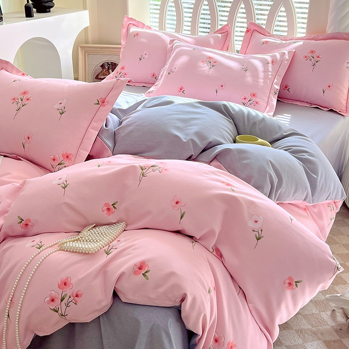 91家纺网 家纺一手货源 找家纺 威布斯 2025新款加厚纯棉全棉磨毛三件套四件套 风铃花香-粉