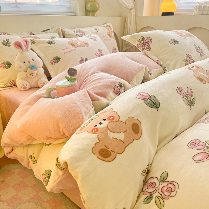 91家纺网 家纺一手货源 找家纺 梦之岛 2024新款高克重小清新印花牛奶绒保暖四件套 莫奈花园