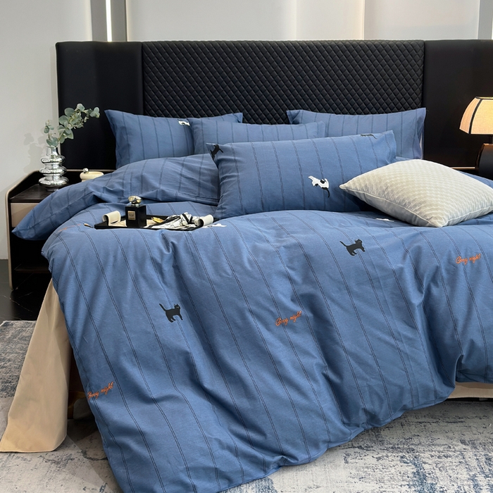 91家纺网 家纺一手货源 找家纺 怡家居 2024新款全棉磨毛印花四件套 蓝猫